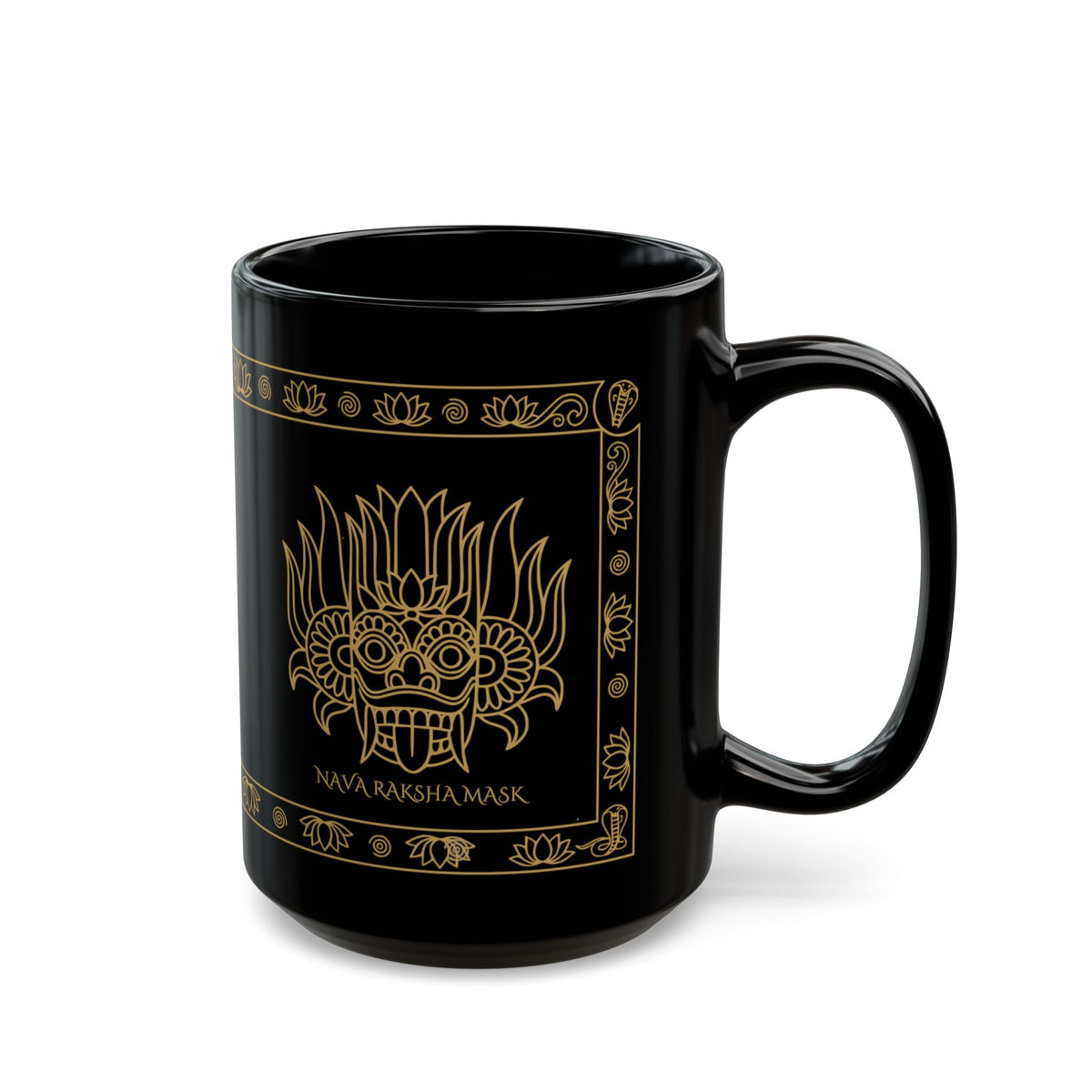 Nava Raksha Mask Black Mug Gold Sri Lankan Folk Art Coffee Cup