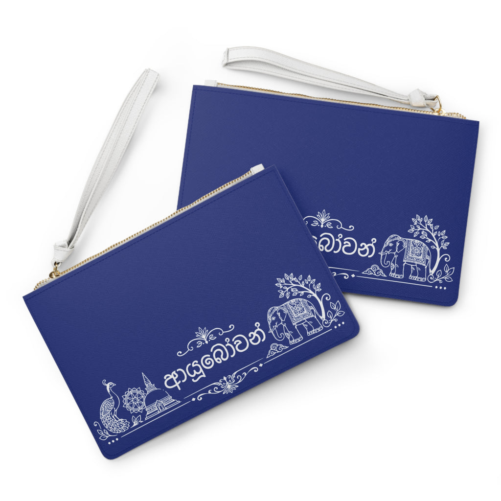 Sinhalese clutch bag | Sri Lanka script wristlet, blue zipper pouch