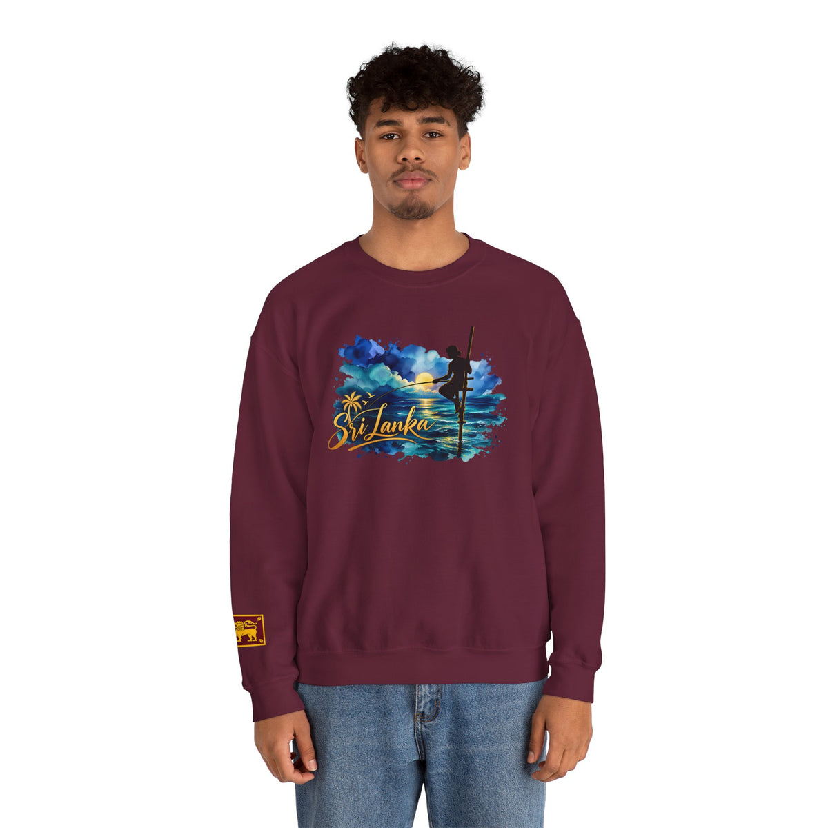 Sri Lanka Surf Crewneck Sweatshirt - Watercolor Stilt Fisherman Graphic