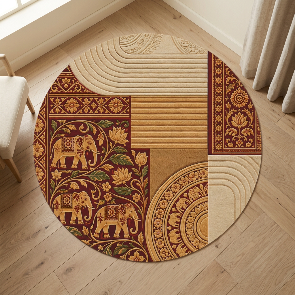 Sri Lankan Elephant & Lotus Round Rug | Heritage Gold