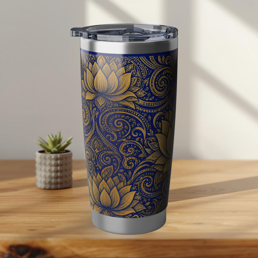 Gold Lotus Mandala Tumbler Royal Blue & Gold Sri Lankan Design | 20oz Stainless Steel Travel Cup | Ceylon Culture Vibes