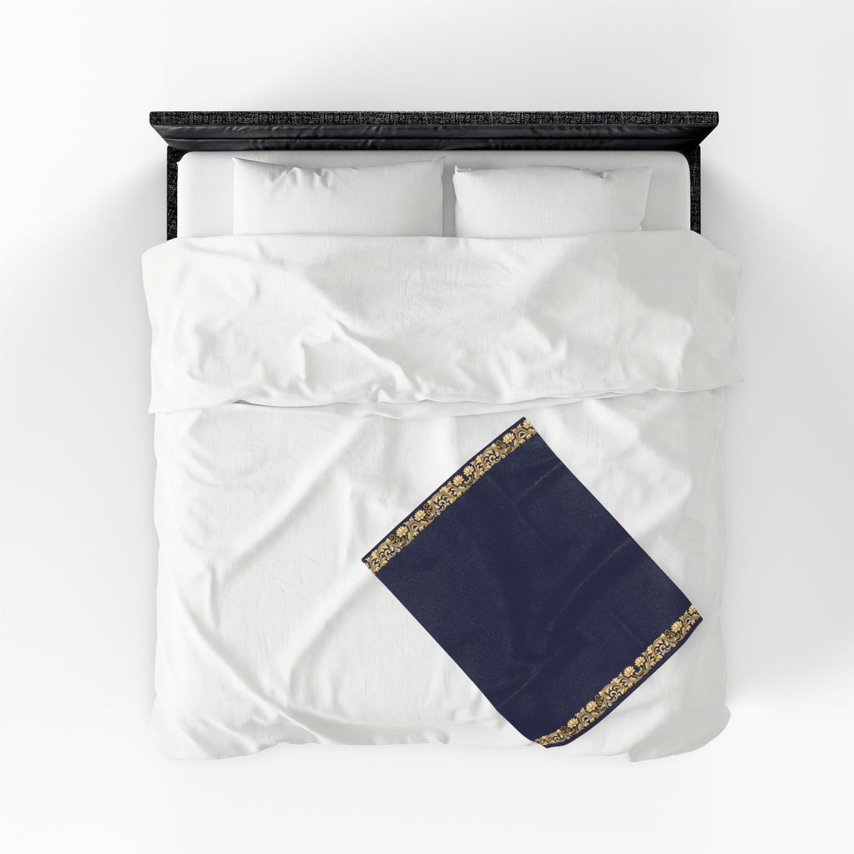 Navy & Gold Floral Border Velveteen Plush Blanket