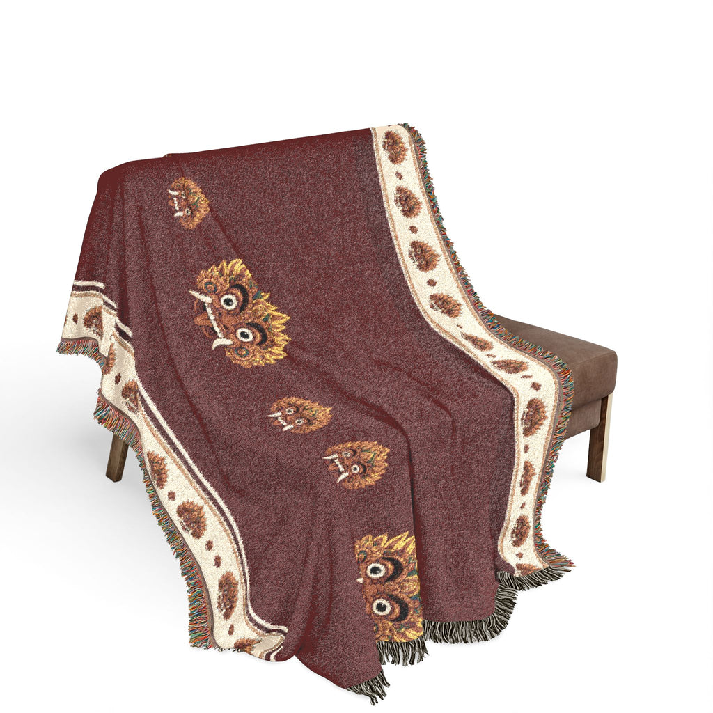 Raksha Mask Woven Throw Blanket Sri Lankan Devil Dance Heritage Fringe Blanket