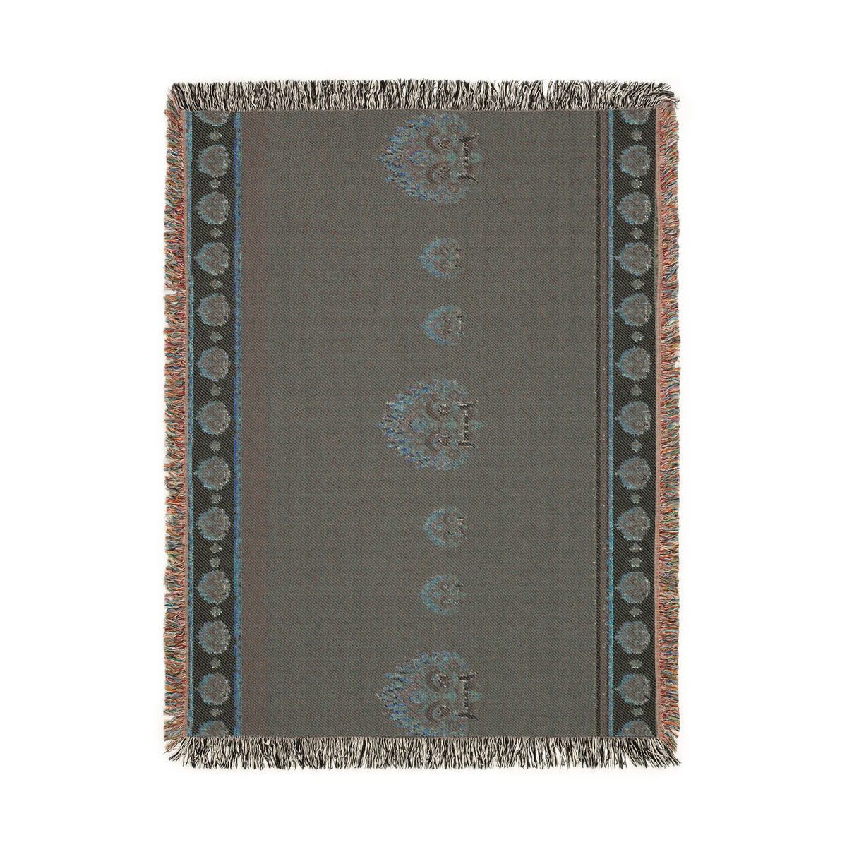 Raksha Mask Woven Throw Blanket Sri Lankan Devil Dance Heritage Fringe Blanket