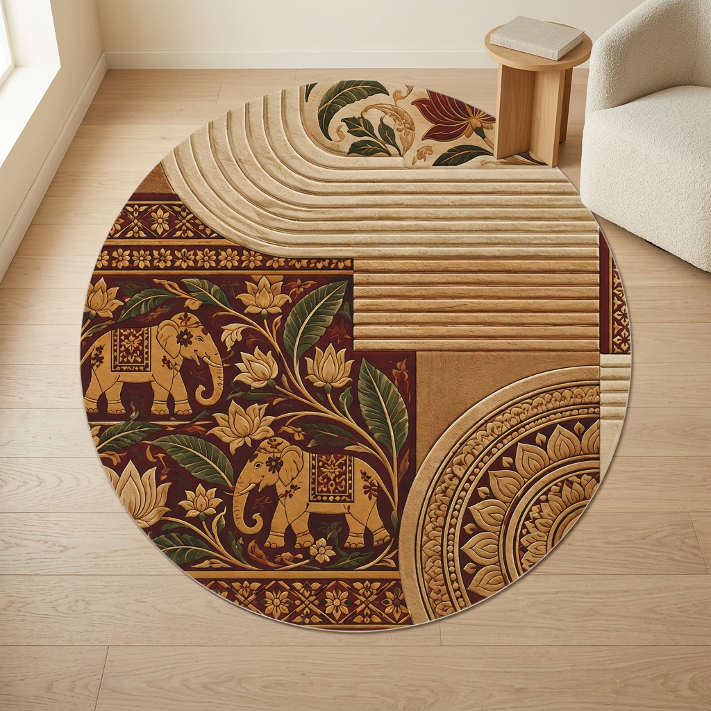 Sri Lankan Elephant Round Rug | Burgundy & Gold Heritage
