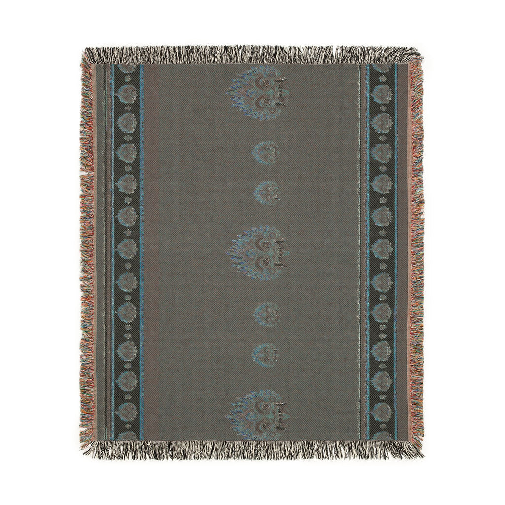 Raksha Mask Woven Throw Blanket Sri Lankan Devil Dance Heritage Fringe Blanket