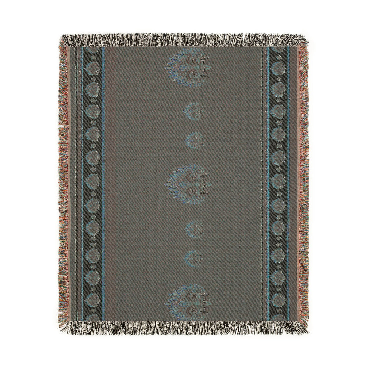 Raksha Mask Woven Throw Blanket Sri Lankan Devil Dance Heritage Fringe Blanket