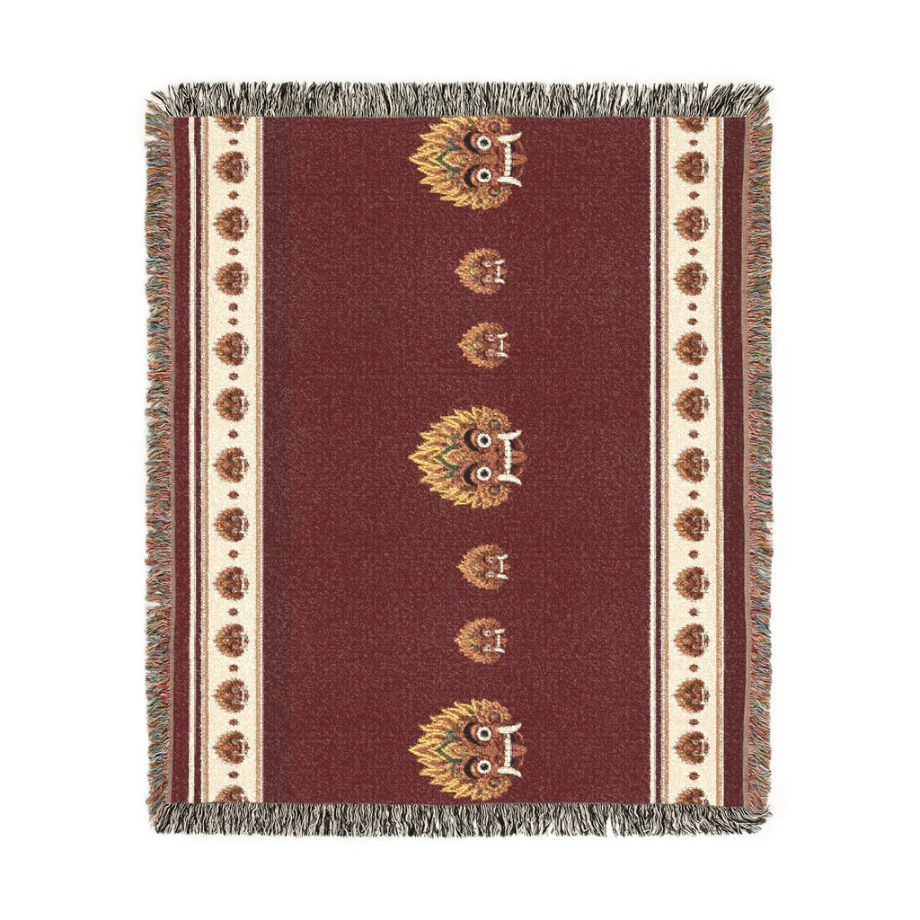 Raksha Mask Woven Throw Blanket Sri Lankan Devil Dance Heritage Fringe Blanket