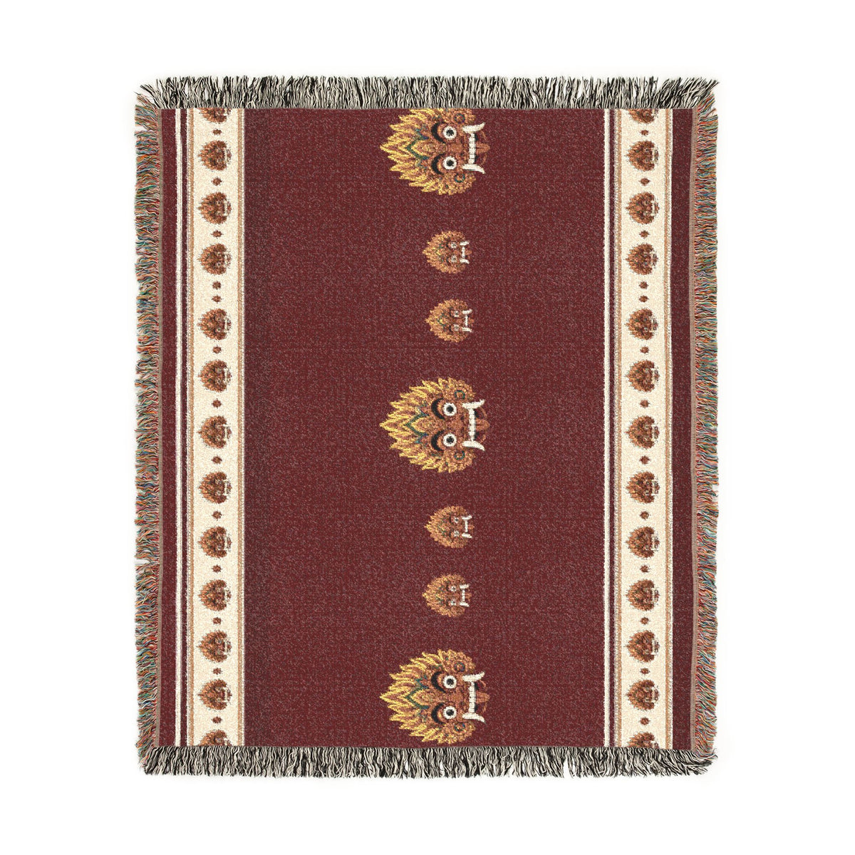 Raksha Mask Woven Throw Blanket Sri Lankan Devil Dance Heritage Fringe Blanket