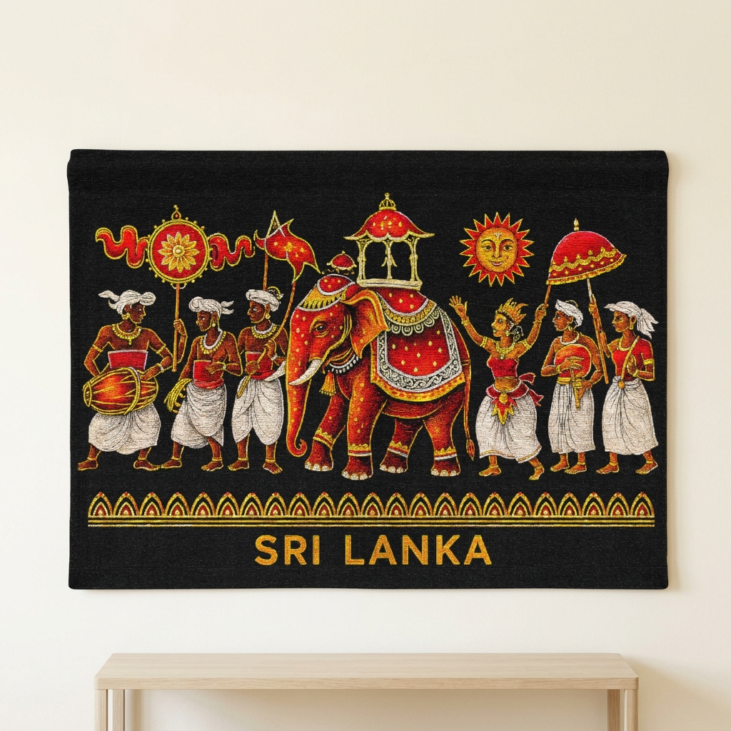 Sri Lanka Perahera Woven Wall Tapestry | Black & Gold Decor