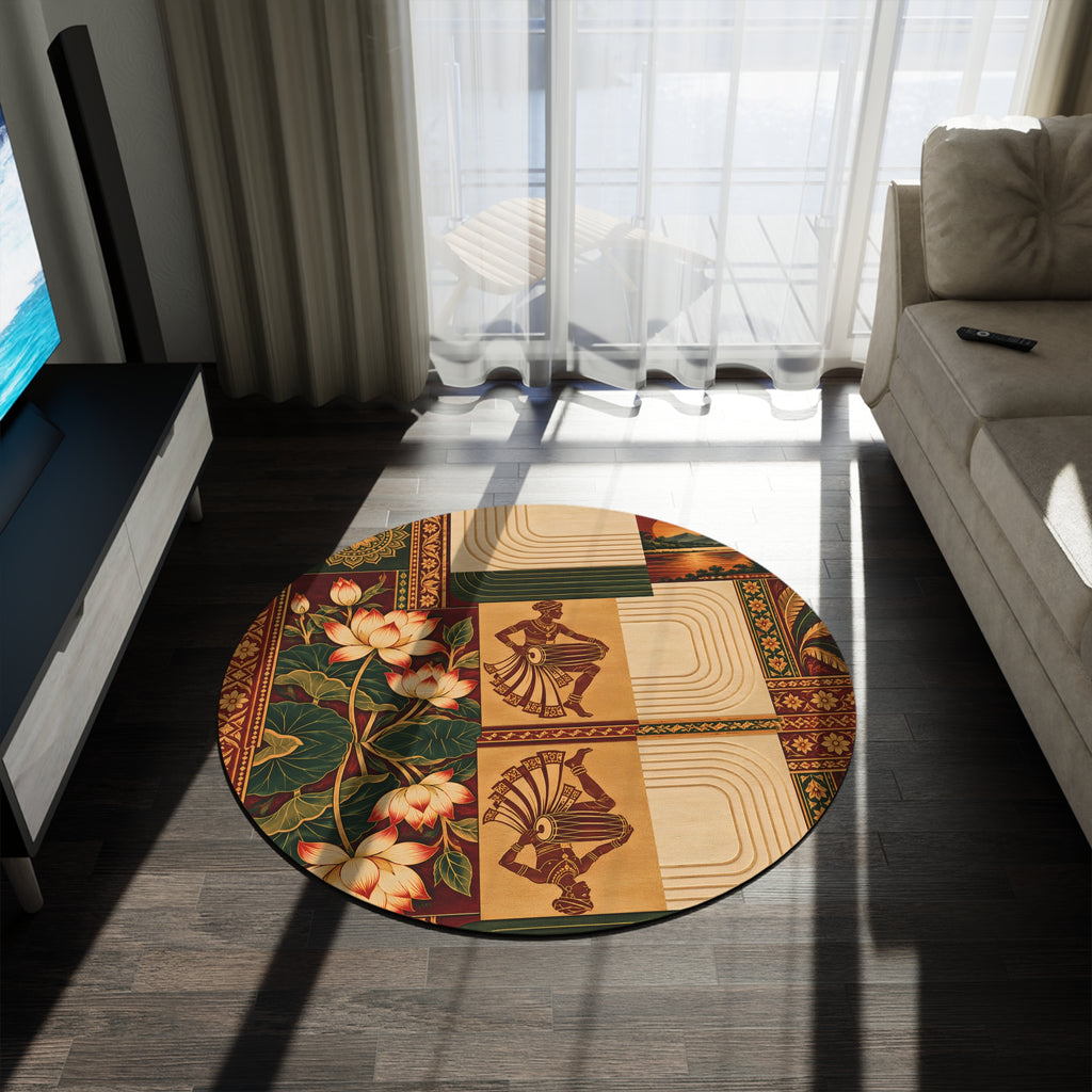 Sri Lankan Lotus & Traditional Drummer Round Rug