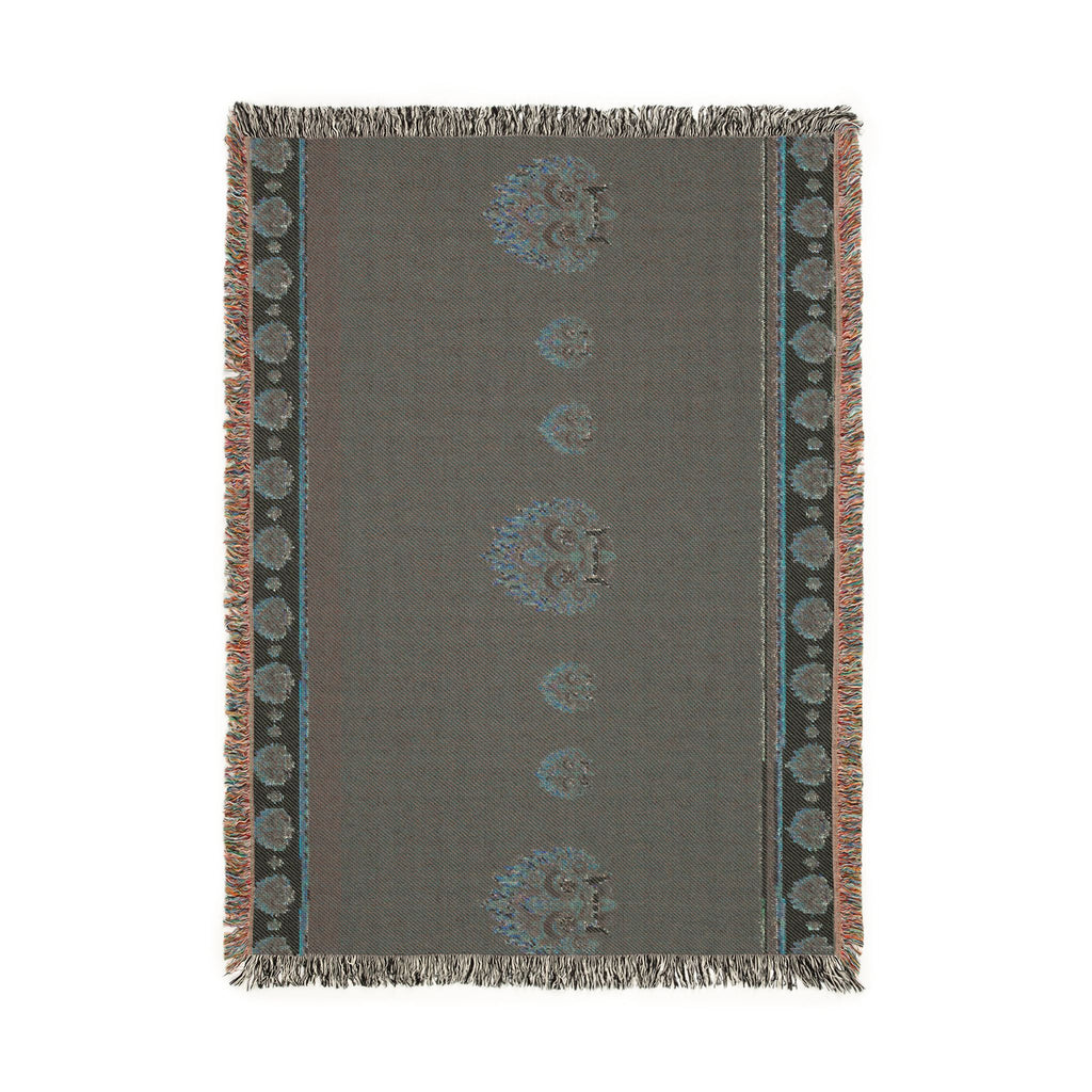 Raksha Mask Woven Throw Blanket Sri Lankan Devil Dance Heritage Fringe Blanket