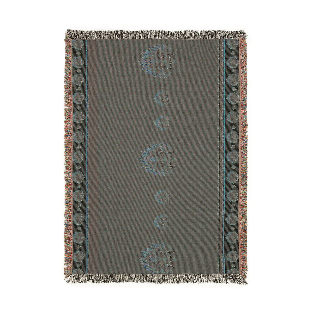 Raksha Mask Woven Throw Blanket Sri Lankan Devil Dance Heritage Fringe Blanket