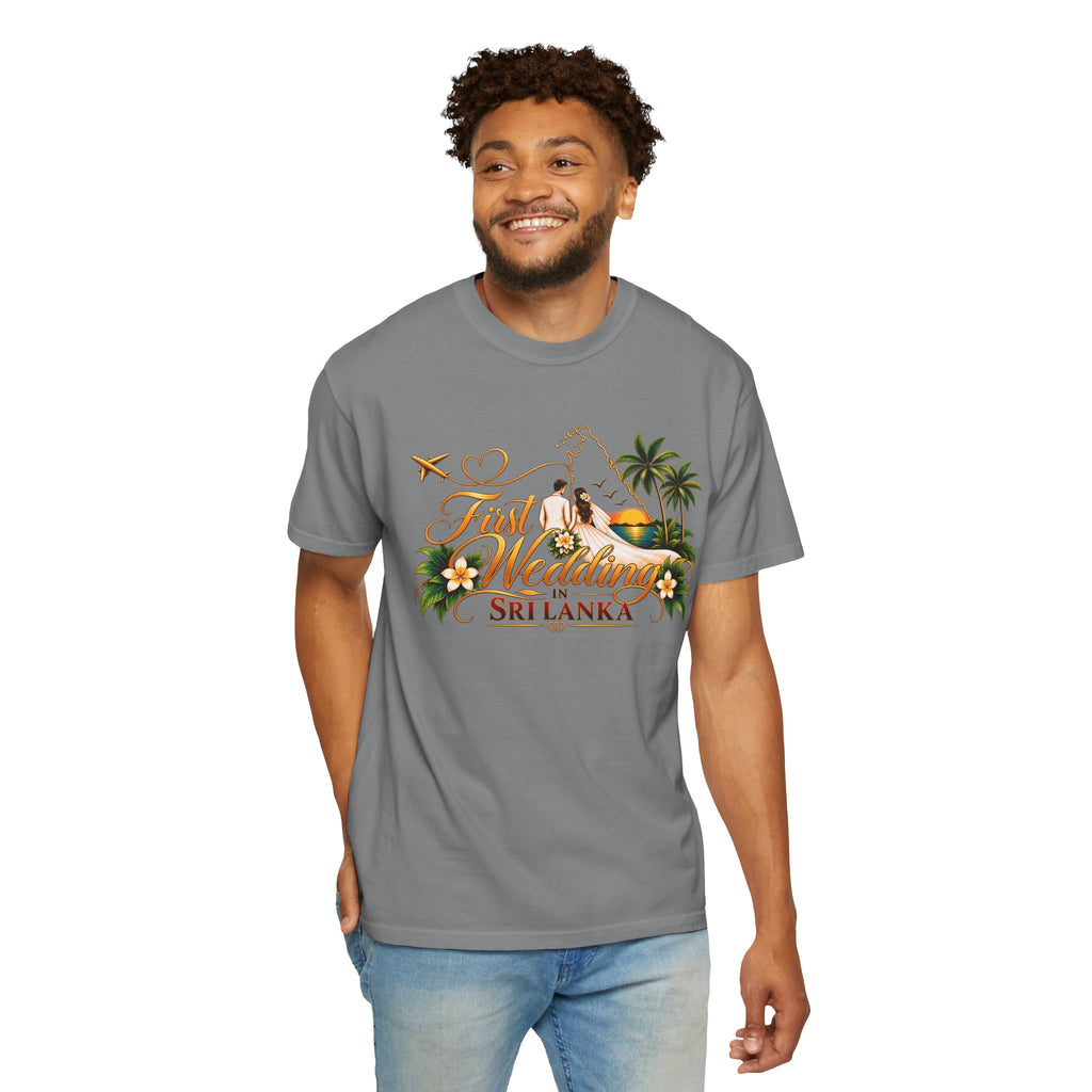 Sri Lanka Destination Wedding T-Shirt — "First Wedding Sri Lanka" Couple Tee (Roshini & Rohan 2026)