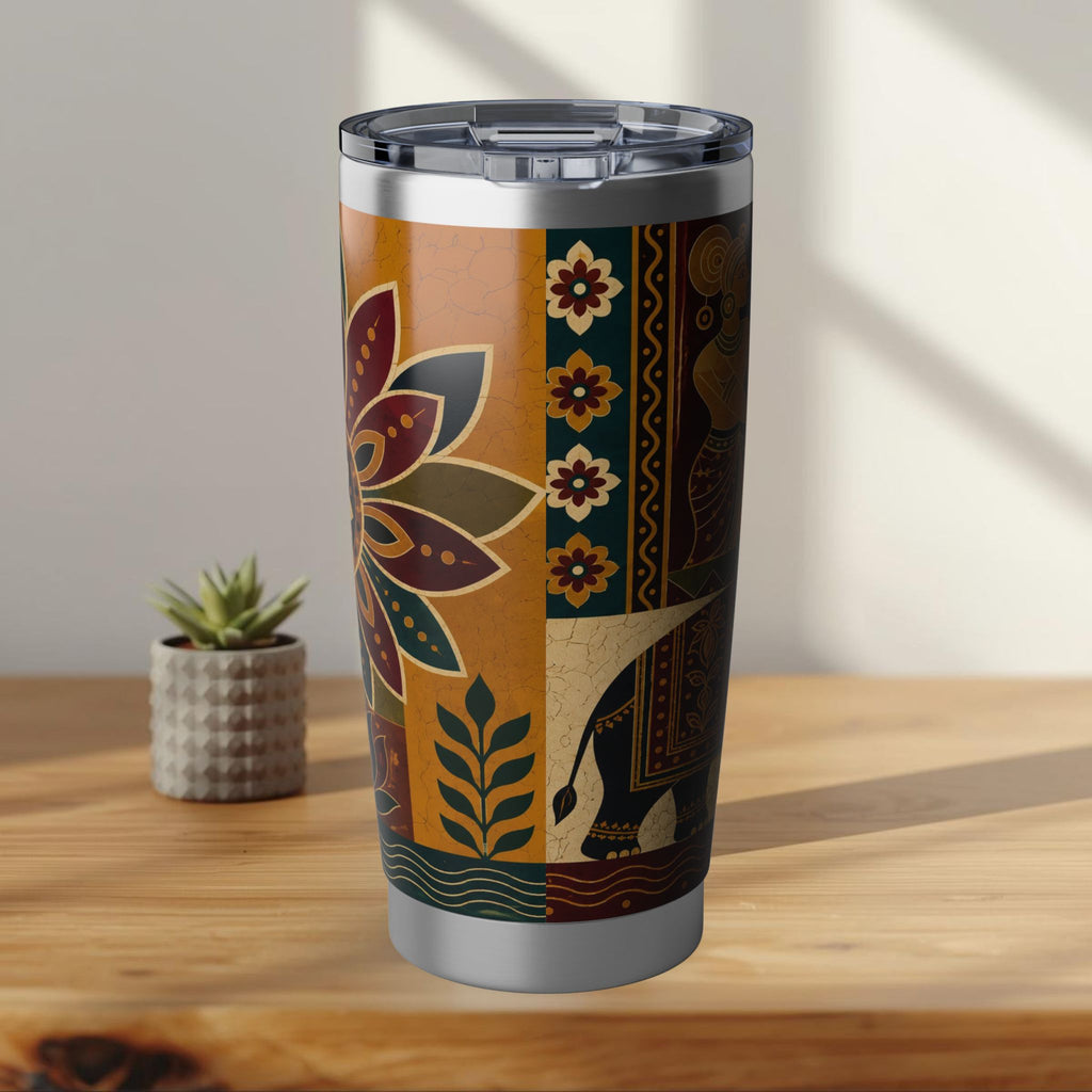 Ceylon Batik Elephant Tumbler Sri Lankan Heritage Panel Design | 20oz Stainless Steel Travel Mug | Ceylon Culture Vibes