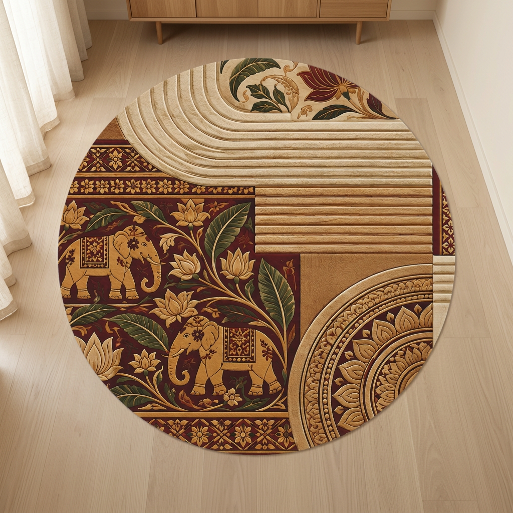Sri Lankan Elephant Round Rug | Burgundy & Gold Heritage