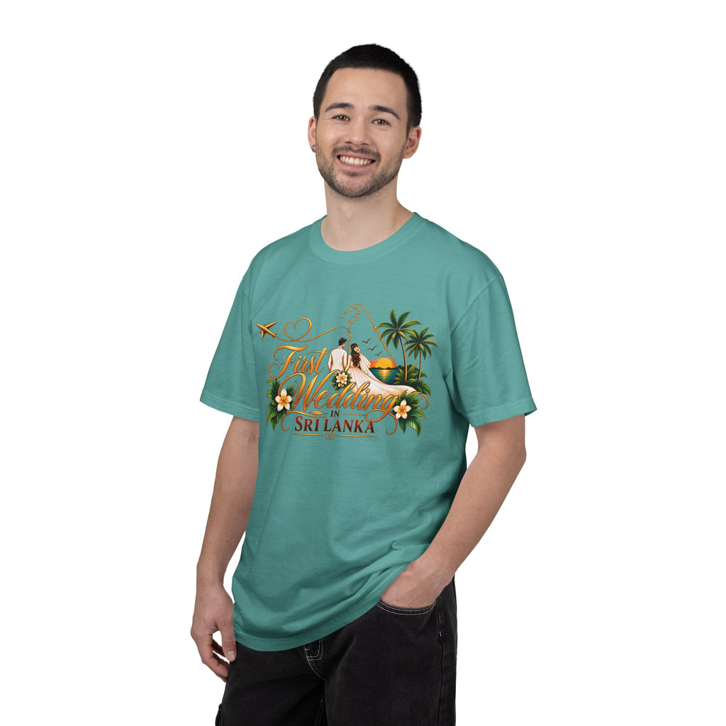 Sri Lanka Destination Wedding T-Shirt — "First Wedding Sri Lanka" Couple Tee (Roshini & Rohan 2026)