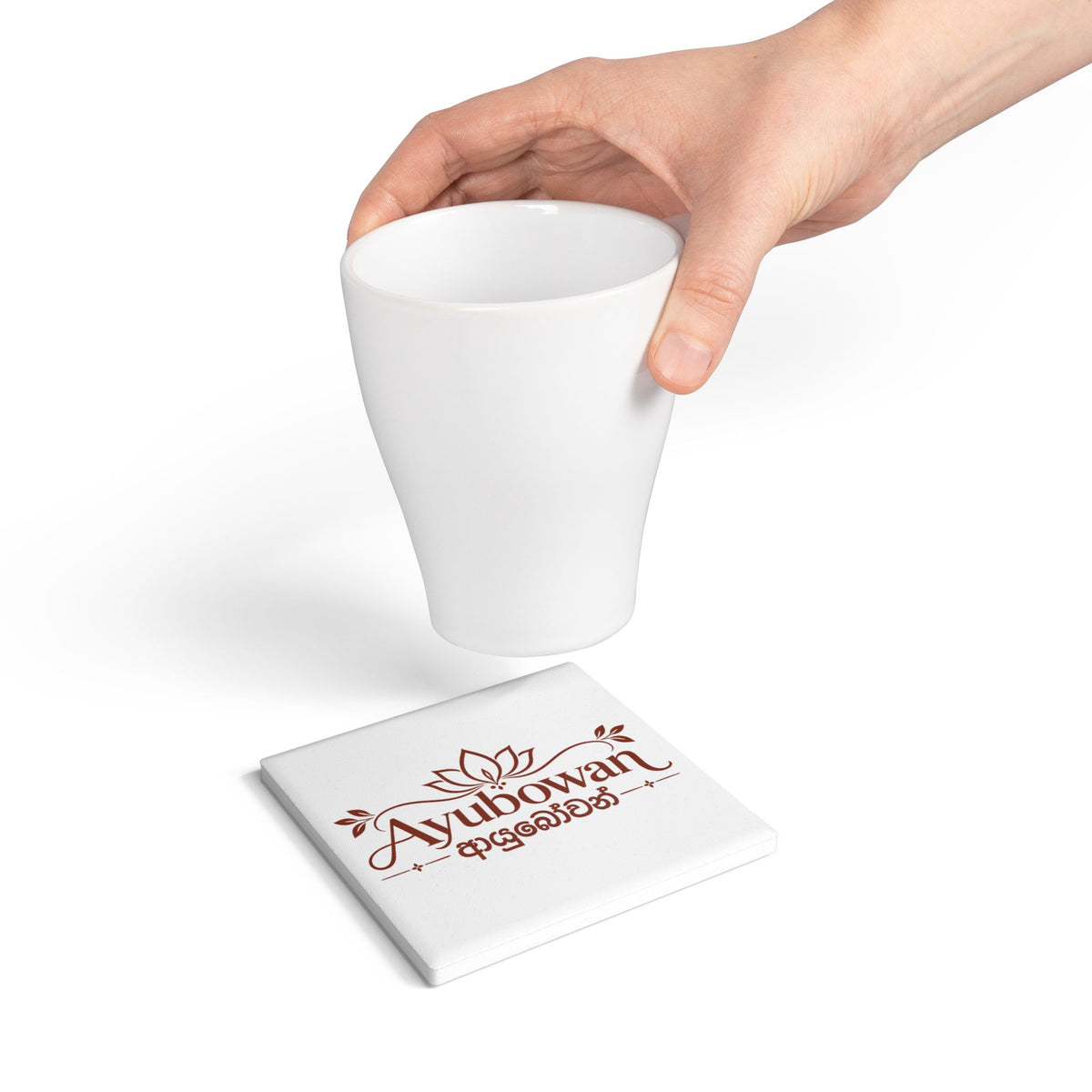 Ayubowan Lotus  Ceramic Coaste Sri Lankan Blessing Burgundy Typography Drink Coaster