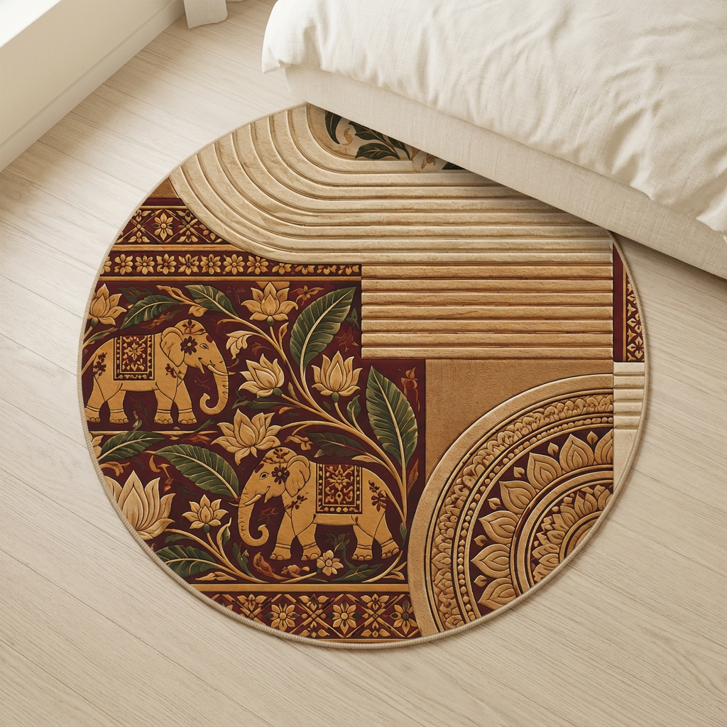 Sri Lankan Elephant Round Rug | Burgundy & Gold Heritage