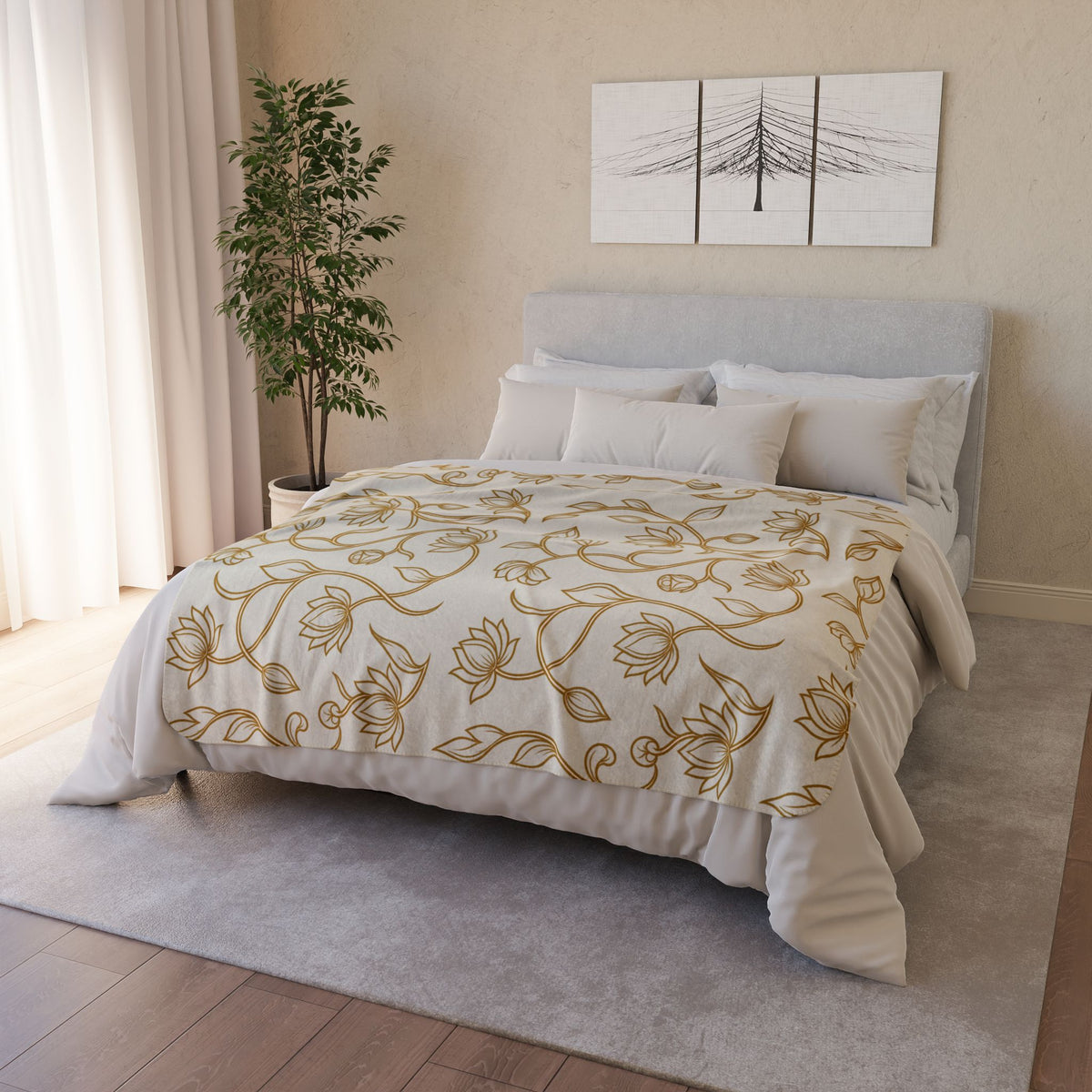 Ceylon Lotus Sherpa Blanket Sri Lankan Temple Flower Gold Botanical Fleece Throw