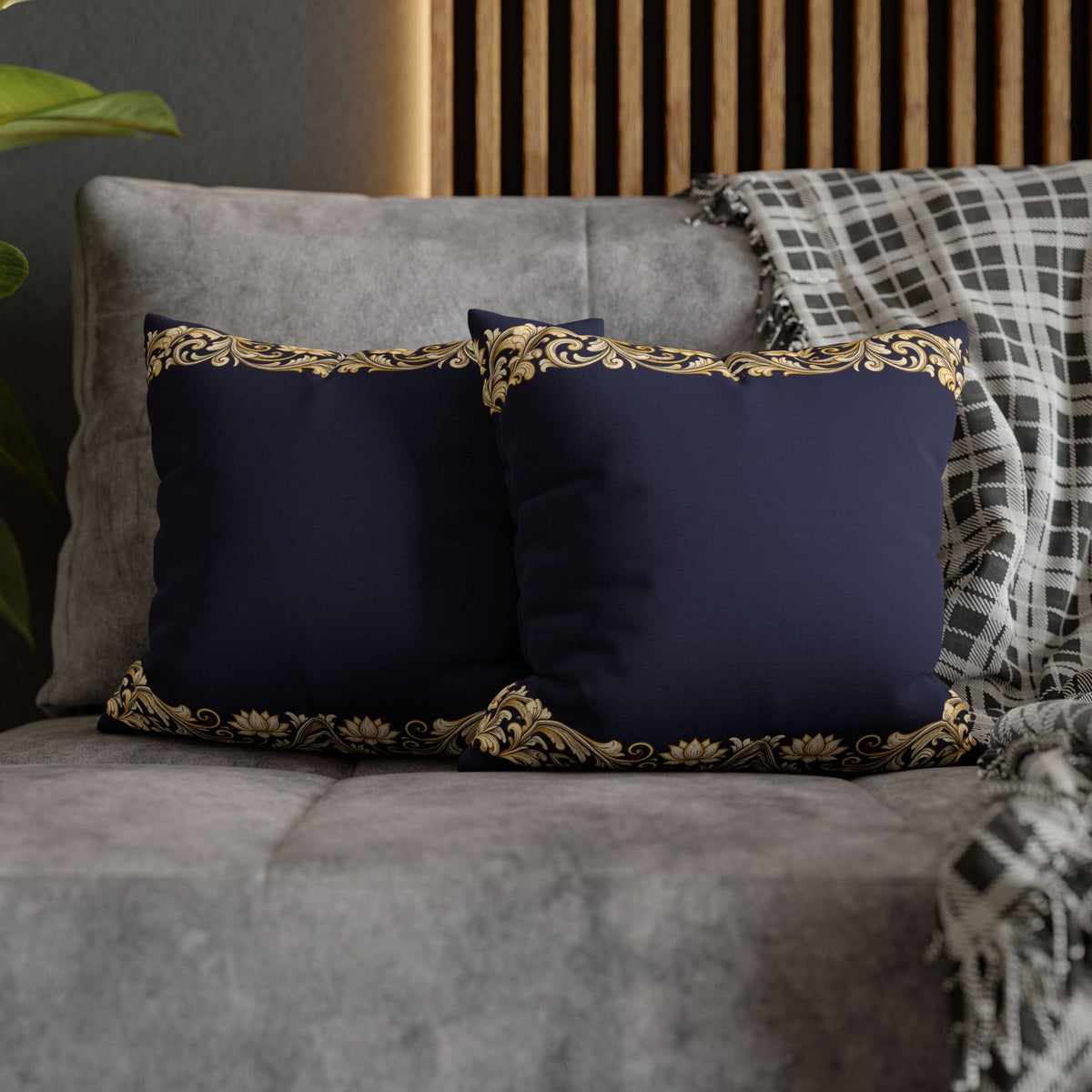 Baroque Gold Scroll Decorative Pillowcase — Navy Square Throw Pillow Cover