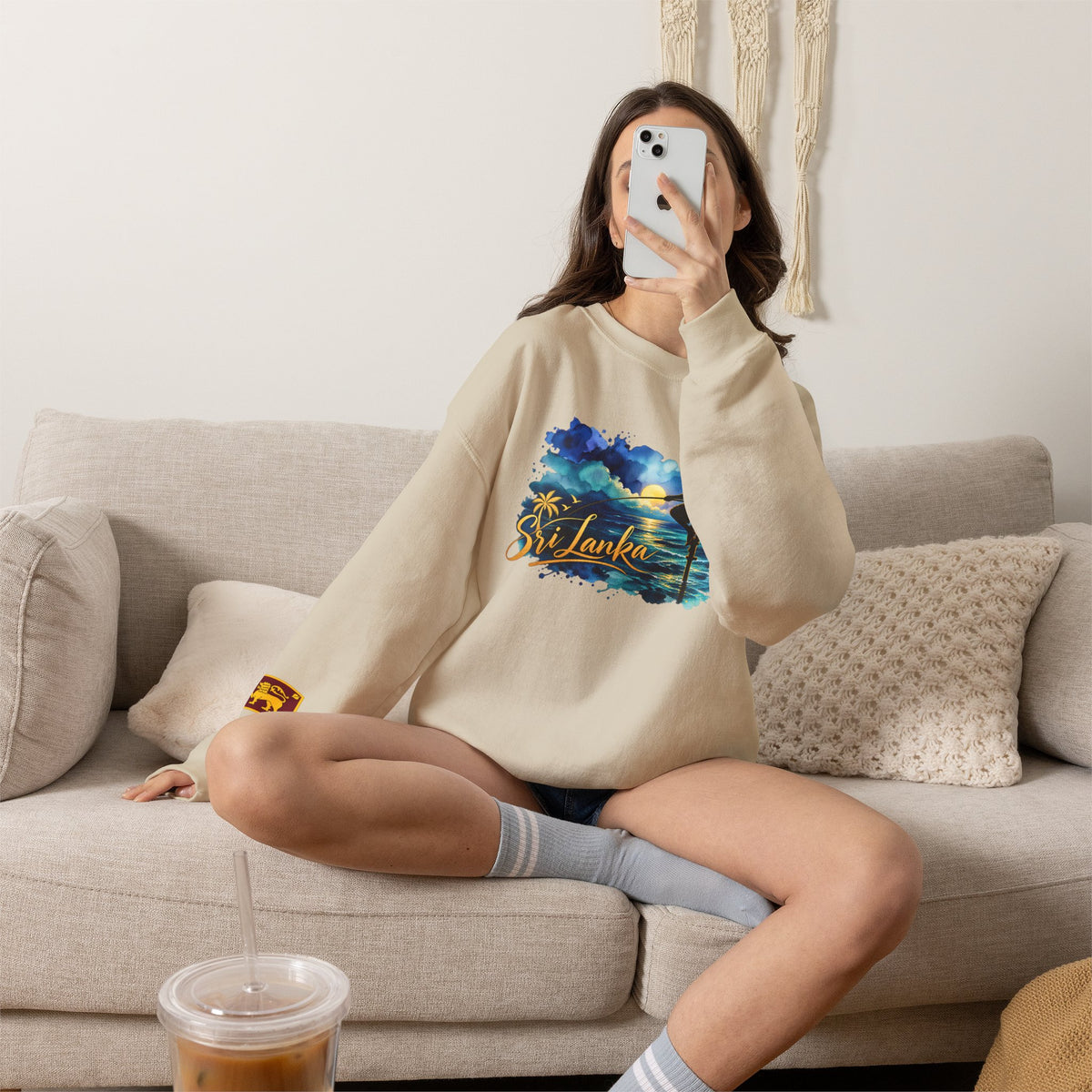Sri Lanka Surf Crewneck Sweatshirt - Watercolor Stilt Fisherman Graphic