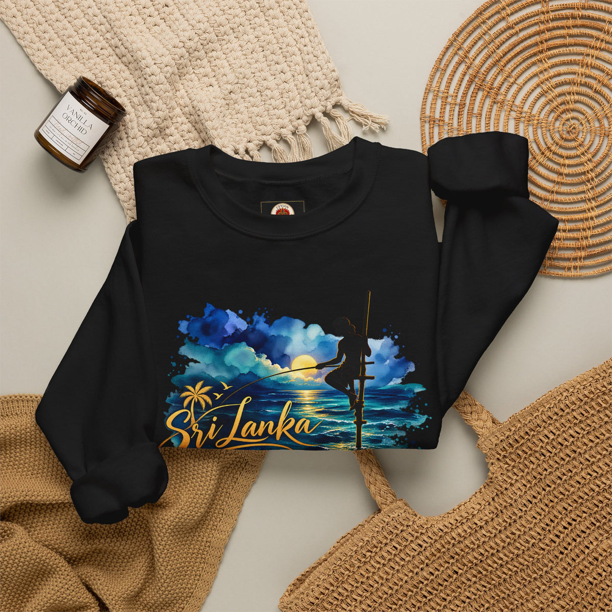 Sri Lanka Surf Crewneck Sweatshirt - Watercolor Stilt Fisherman Graphic