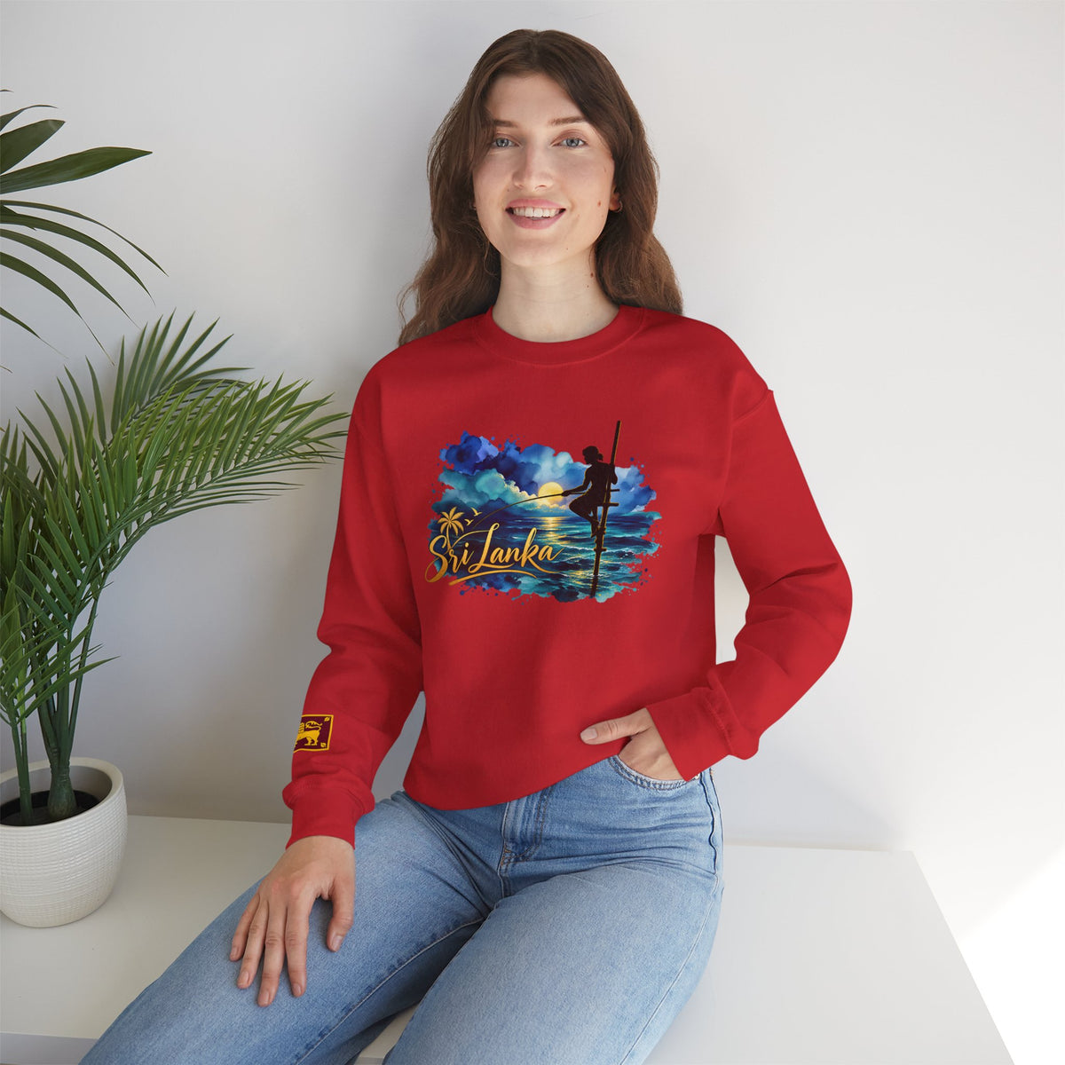 Sri Lanka Surf Crewneck Sweatshirt - Watercolor Stilt Fisherman Graphic