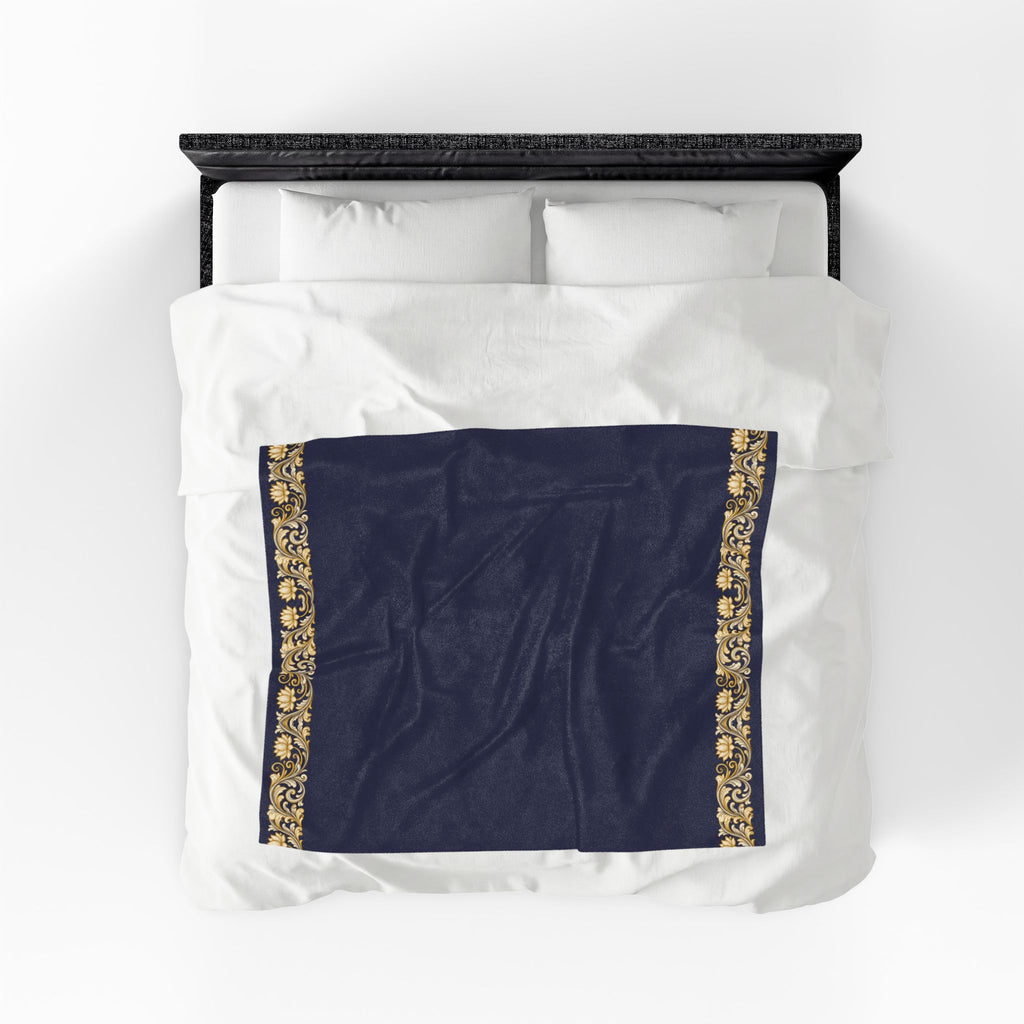 Navy & Gold Floral Border Velveteen Plush Blanket