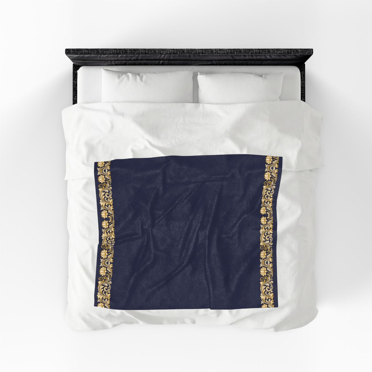 Navy & Gold Floral Border Velveteen Plush Blanket