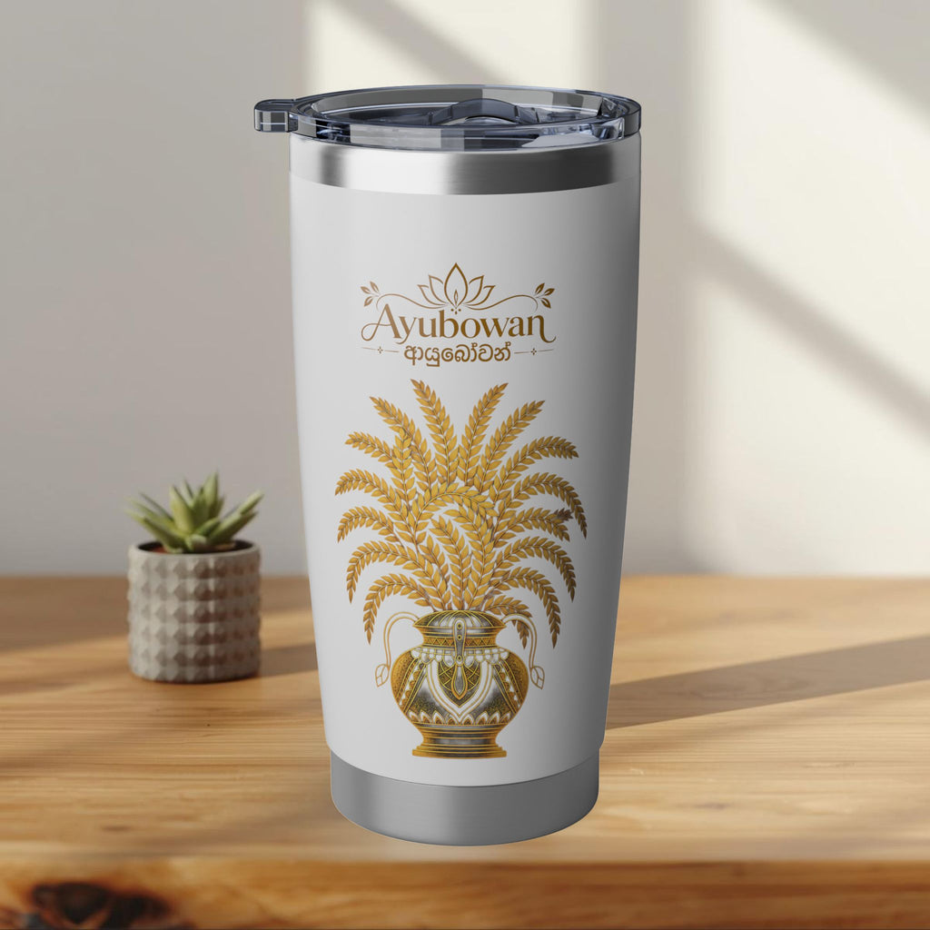 Ayubowan Punkalasa Travel Tumbler Sri Lankan Gold Blessing White 20oz Stainless Steel Cup