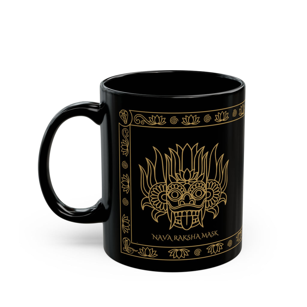 Nava Raksha Mask Black Mug Gold Sri Lankan Folk Art Coffee Cup