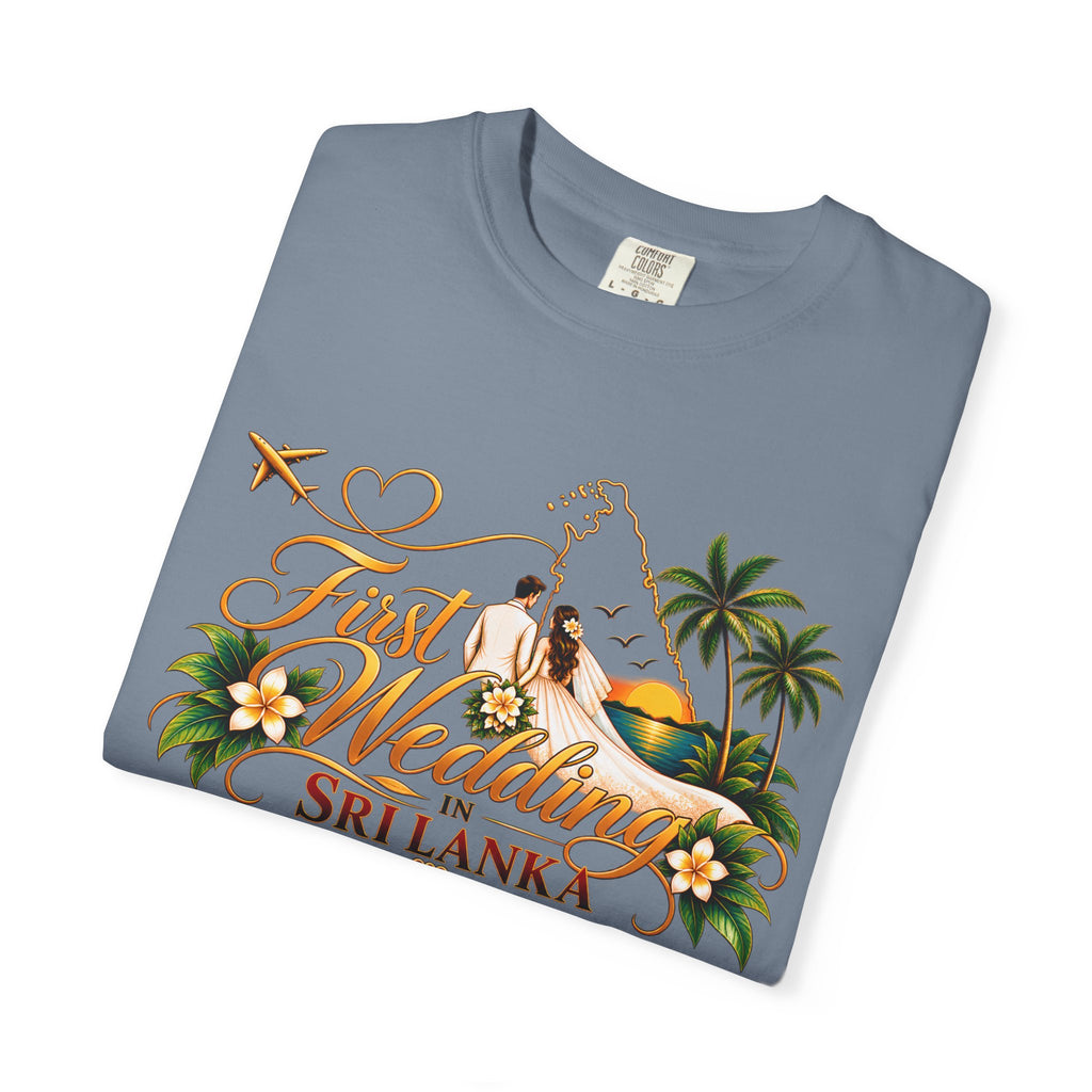 Sri Lanka Destination Wedding T-Shirt — "First Wedding Sri Lanka" Couple Tee (Roshini & Rohan 2026)