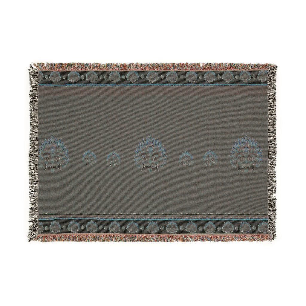 Raksha Mask Woven Throw Blanket Sri Lankan Devil Dance Heritage Fringe Blanket