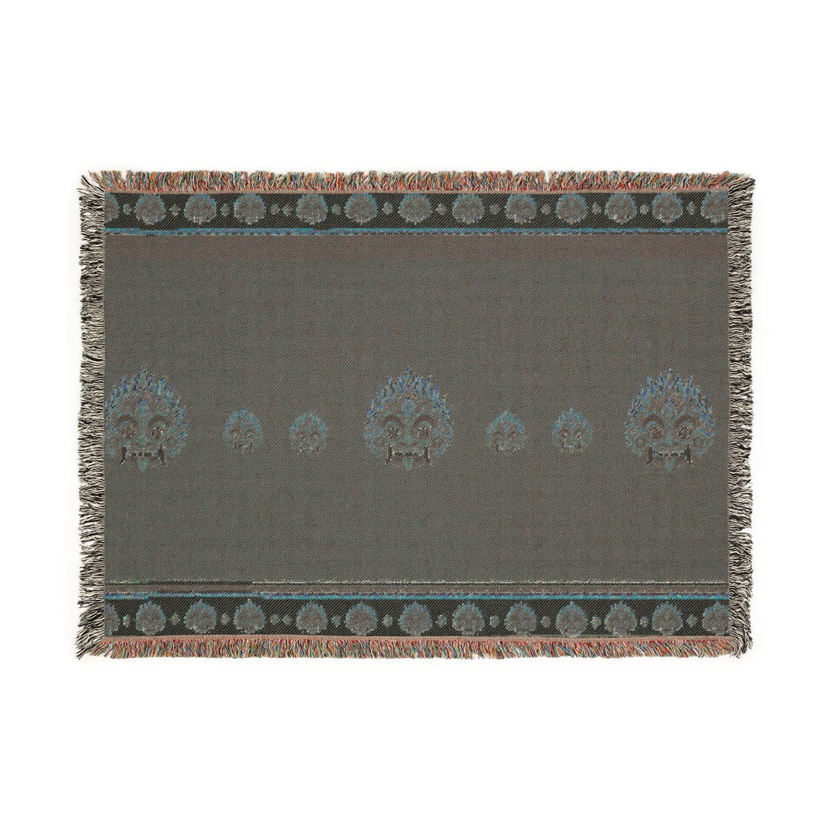 Raksha Mask Woven Throw Blanket Sri Lankan Devil Dance Heritage Fringe Blanket