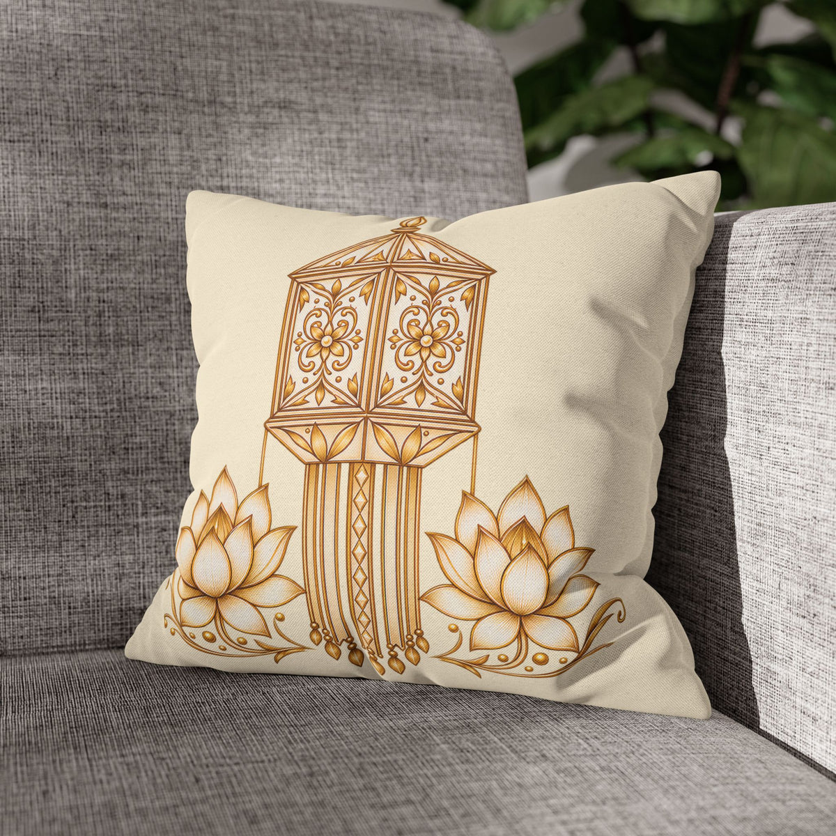 Lotus & Lantern Cushion Cover – Sri Lankan Gift Pillowcase