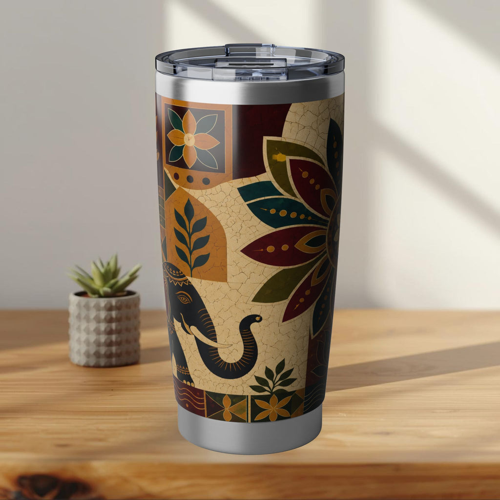Ceylon Batik Elephant Tumbler Sri Lankan Heritage Panel Design | 20oz Stainless Steel Travel Mug | Ceylon Culture Vibes