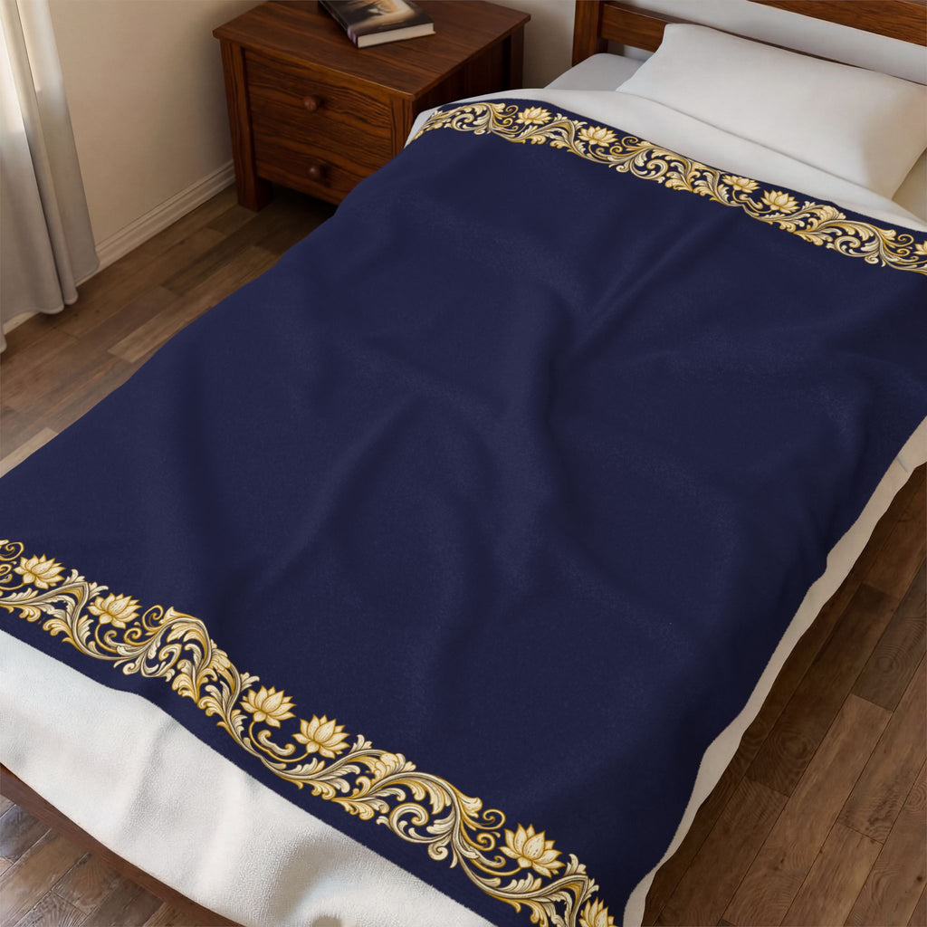 Navy & Gold Floral Border Velveteen Plush Blanket