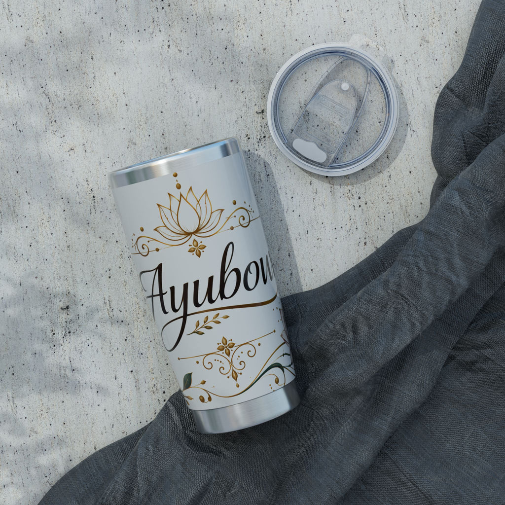 Ayubowan Sri Lankan Welcome Tumbler Gold Lotus Filigree 20oz Stainless Steel Travel Mug