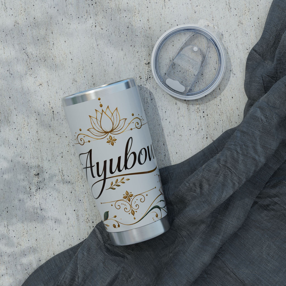 Ayubowan Sri Lankan Welcome Tumbler Gold Lotus Filigree 20oz Stainless Steel Travel Mug