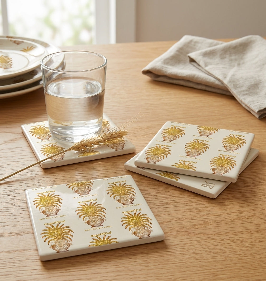 Ayubowan Ceramic Coaster Sri Lankan Punkalasa Gold Blessing Repeat Pattern Drink Coaster