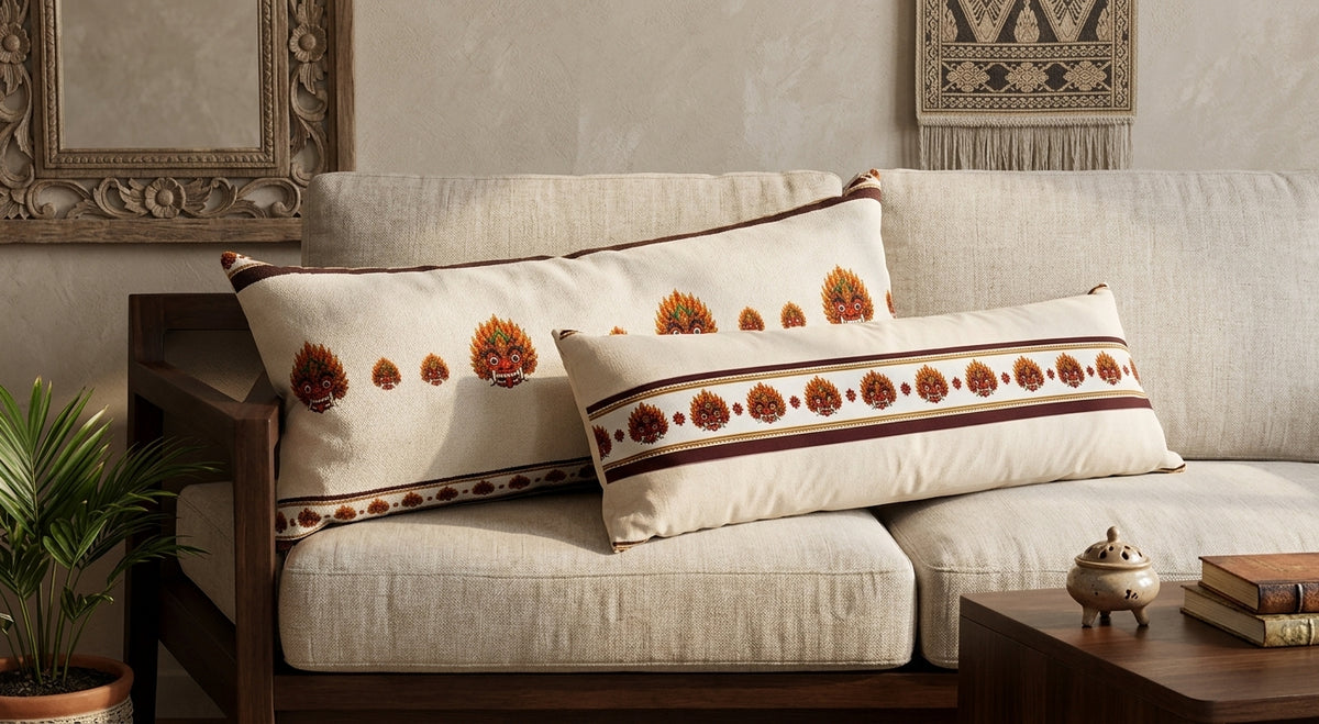 Raksha Mask Lumbar Pillow Cover Sri Lankan Devil Dance Long Decorative Cushion