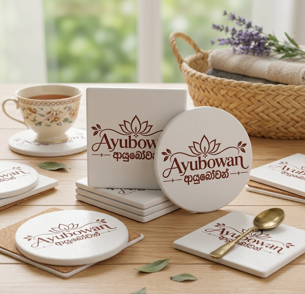 Ayubowan Lotus  Ceramic Coaste Sri Lankan Blessing Burgundy Typography Drink Coaster