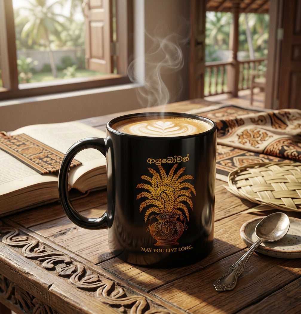 Ayubowan Black Coffee Mug Sri Lankan Punkalasa Gold Blessing May You Live Long Cup
