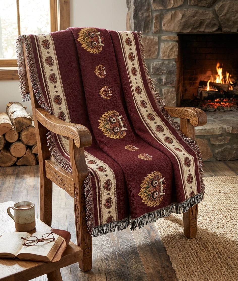 Raksha Mask Woven Throw Blanket Sri Lankan Devil Dance Heritage Fringe Blanket