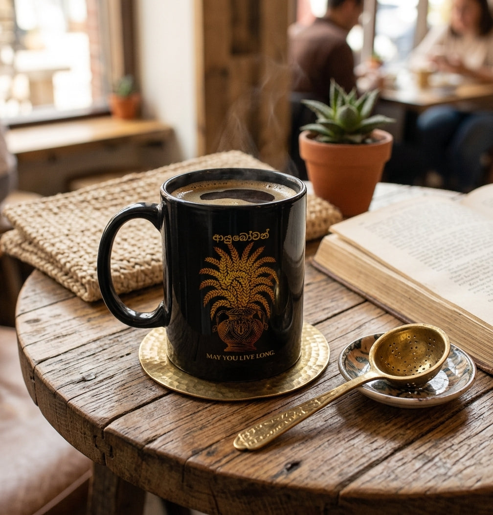 Ayubowan Black Coffee Mug Sri Lankan Punkalasa Gold Blessing May You Live Long Cup