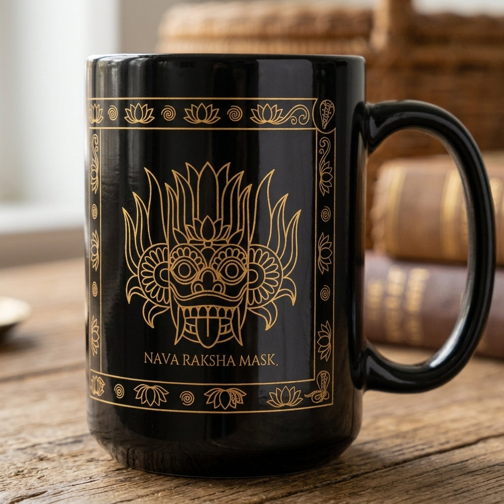Nava Raksha Mask Black Mug Gold Sri Lankan Folk Art Coffee Cup