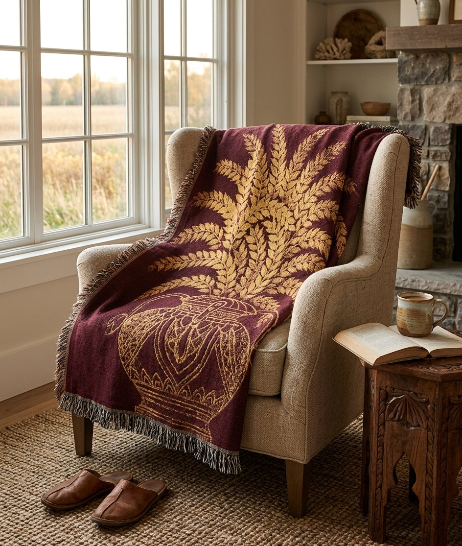 Punkalasa Woven Throw Blanket Sri Lankan Heritage Burgundy Gold Cotton Fringe Blanket