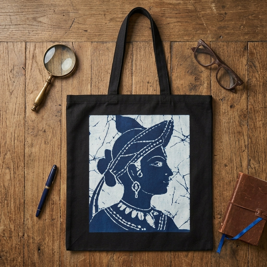 Ceylon Dancer Batik Canvas Tote Bag Sri Lankan Sigiriya Apsara Black Shopper