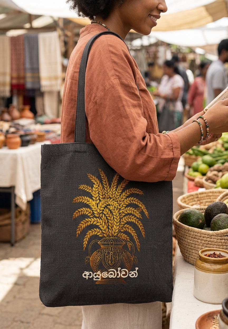 Ayubowan Canvas Tote Bag Sri Lankan Punkalasa Gold Blessing May You Live Long Cotton Shopper